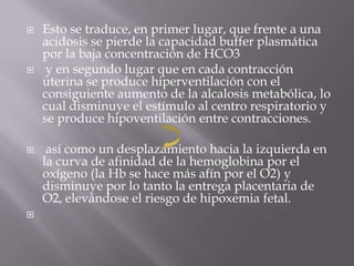 Esto se traduce, en primer lugar, que frente a una acidosis se pierde la capacidad buffer plasmática por la baja concentración de HCO3 y en segundo lugar que en cada contracción uterina se produce hiperventilación con el consiguiente aumento de la alcalosis metabólica, lo cual disminuye el estímulo al centro respiratorio y se produce hipoventilación entre contracciones. así como un desplazamiento hacia la izquierda en la curva de afinidad de la hemoglobina por el oxígeno (la Hb se hace más afín por el O2) y disminuye por lo tanto la entrega placentaria de O2, elevándose el riesgo de hipoxemia fetal.