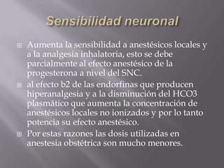 Sensibilidad neuronalAumenta la sensibilidad a anestésicos locales y a la analgesia inhalatoria, esto se debe parcialmente al efecto anestésico de la progesterona a nivel del SNC.al efecto b2 de las endorfinas que producen hiperanalgesia y a la disminución del HCO3 plasmático que aumenta la concentración de anestésicos locales no ionizados y por lo tanto potencia su efecto anestésico.Por estas razones las dosis utilizadas en anestesia obstétrica son mucho menores.
