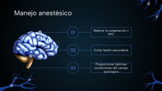 Manejo anestésico
Mejorar la oxigenación y
PPC
Evitar lesión secundaria
Proporcionar óptimas
condiciones del campo
quirúrgico
01
02
03
 