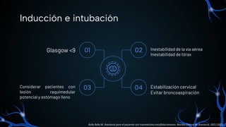 Inducción e intubación
Considerar pacientes con
lesión raquimedular
potencial y estómago lleno
Inestabilidad de la vía aérea
Inestabilidad de tórax
Glasgow <9
Estabilización cervical
Evitar broncoaspiración
01 02
03 04
Ávila Ávila M. Anestesia para el paciente con traumatismo encéfalocraneano. Revista Chilena de Anestesia. 2021;50(1).
 