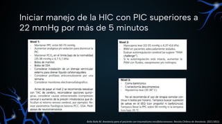 Iniciar manejo de la HIC con PIC superiores a
22 mmHg por más de 5 minutos
Ávila Ávila M. Anestesia para el paciente con traumatismo encéfalocraneano. Revista Chilena de Anestesia. 2021;50(1).
 