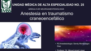 Anestesia en traumatismo
craneoencefálico
• R3 Anestesiología: Sendy Montenegro
Diaz
• Profesor: Dr. Miguel ángel López
UNIDAD MÉDICA DE ALTA ESPECIALIDAD NO. 25
MÓDULO DE NEUROANESTESIOLOGÍA
 