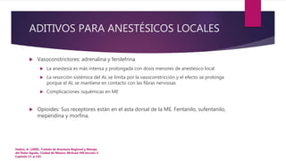 ADITIVOS PARA ANESTÉSICOS LOCALES
 Vasoconstrictores: adrenalina y fenilefrina
 La anestesia es más intensa y prolongada con dosis menores de anestésico local
 La resorción sistémica del AL se limita por la vasoconstricción y el efecto se prolonga
porque el AL se mantiene en contacto con las fibras nerviosas
 Complicaciones isquémicas en ME
 Opioides: Sus receptores están en el asta dorsal de la ME. Fentanilo, sufentanilo,
meperidina y morfina.
Hadzic, A. (2009). Tratado de Anestesia Regional y Manejo
del Dolor Agudo. Ciudad de México: McGraw Hill.Sección 2.
Capítulo 13. p.193.
 