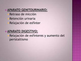 APARATO

GENITOURINARIO:
 Retraso de micción
 Retención urinaria
 Relajación de esfínter

 APARATO

DIGESTIVO:
 Relajación de esfínteres y aumento del
peristaltismo

 