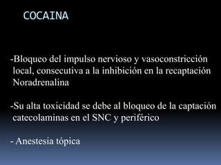 COCAINA

-Bloqueo del impulso nervioso y vasoconstricción
local, consecutiva a la inhibición en la recaptación
Noradrenalina
-Su alta toxicidad se debe al bloqueo de la captación
catecolaminas en el SNC y periférico
- Anestesia tópica

 