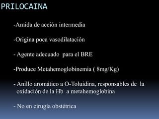 PRILOCAINA
-Amida de acción intermedia

-Origina poca vasodilatación
- Agente adecuado para el BRE

-Produce Metahemoglobinemia ( 8mg/Kg)
- Anillo aromático a O-Toluidina, responsables de la
oxidación de la Hb a metahemoglobina
- No en cirugía obstétrica

 
