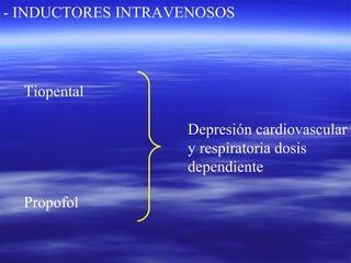 - INDUCTORES INTRAVENOSOS
Tiopental
Propofol
Depresión cardiovascular
y respiratoria dosis
dependiente
 