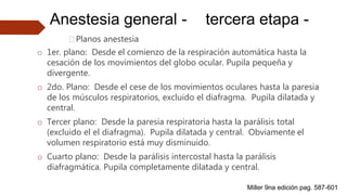 Anestesia general - tercera etapa -
🠶Planos anestesia
o 1er. plano: Desde el comienzo de la respiración automática hasta la
cesación de los movimientos del globo ocular. Pupila pequeña y
divergente.
o 2do. Plano: Desde el cese de los movimientos oculares hasta la paresia
de los músculos respiratorios, excluido el diafragma. Pupila dilatada y
central.
o Tercer plano: Desde la paresia respiratoria hasta la parálisis total
(excluido el el diafragma). Pupila dilatada y central. Obviamente el
volumen respiratorio está muy disminuido.
o Cuarto plano: Desde la parálisis intercostal hasta la parálisis
diafragmática. Pupila completamente dilatada y central.
Miller 9na edición pag. 587-601
 