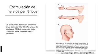 Estimulación de
nervios periféricos
Un estimulador de nervios periféricos
envía corriente 60 a 80 mA a un par de
paletas de ECG de cloruro de plata
colocadas sobre un nervio motor
periférico.
Anestesiología Clínica de Morgan 5ta ed.
 