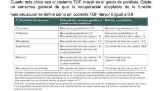 Cuanto más chico sea el cociente TOF, mayor es el grado de parálisis. Existe
un consenso general de que la recuperación aceptable de la función
neuromuscular se define como un cociente TOF mayor o igual a 0.9
 