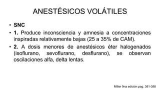 ANESTÉSICOS VOLÁTILES
• SNC
• 1. Produce inconsciencia y amnesia a concentraciones
inspiradas relativamente bajas (25 a 35% de CAM).
• 2. A dosis menores de anestésicos éter halogenados
(isoflurano, sevoflurano, desflurano), se observan
oscilaciones alfa, delta lentas.
Miller 9na edición pag. 381-388
 