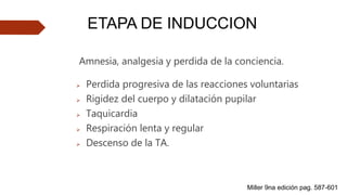ETAPA DE INDUCCION
Amnesia, analgesia y perdida de la conciencia.
 Perdida progresiva de las reacciones voluntarias
 Rigidez del cuerpo y dilatación pupilar
 Taquicardia
 Respiración lenta y regular
 Descenso de la TA.
Miller 9na edición pag. 587-601
 