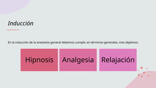 Inducción
Hipnosis Analgesia Relajación
En la inducción de la anestesia general debemos cumplir, en términos generales, tres objetivos:
 