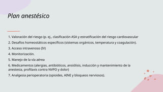 Plan anestésico
1. Valoración del riesgo (p. ej., clasificación ASA y estratificación del riesgo cardiovascular
2. Desafíos homeostáticos específicos (sistemas orgánicos, temperatura y coagulación).
3. Acceso intravenoso (IV)
4. Monitorización.
5. Manejo de la vía aérea
6. Medicamentos (alergias, antibióticos, ansiólisis, inducción y mantenimiento de la
anestesia, profilaxis contra NVPO y dolor)
7. Analgesia perioperatoria (opioides, AINE y bloqueos nerviosos).
 