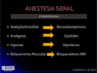 ENDOVENOSA


   Sedação/Ansiólise           Benzodiazepínicos

   Analgesia                        Opióides

   Hipnose                          Hipnóticos

   Relaxamento Muscular        Bloqueradores NM
 