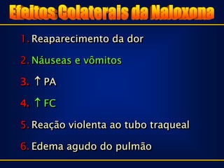 1. Reaparecimento da dor

2. Náuseas e vômitos

3.  PA

4.  FC

5. Reação violenta ao tubo traqueal

6. Edema agudo do pulmão
 