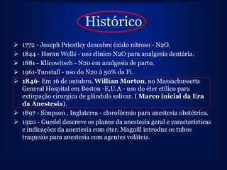 Histórico
 1772 - Joseph Priestley descobre óxido nitroso - N2O.
 1844 - Horan Wells - uso clínico N2O para analgesia dentária.
 1881 - Klicowitsch - N20 em analgesia de parto.
 1961-Tunstall - uso do N20 à 50% da Fi.
 1846- Em 16 de outubro, Willian Morton, no Massachussetts
  General Hospital em Boston -E.U.A - uso do éter etílico para
  extirpação cirurgica de glândula salivar. ( Marco inicial da Era
  da Anestesia).
 1897 - Simpson , Inglaterra - clorofórmio para anestesia obstétrica.
 1920 - Guedel descreve os planos da anestesia geral e características
  e indicações da anestesia com éter. Maguill introduz os tubos
  traqueais para anestesia com agentes voláteis.
 