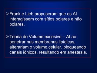 Frank e Lieb propuseram que os AI
 interagissem com sítios polares e não
 polares.

Teoria do Volume excesivo – AI ao
 penetrar nas membranas lipídicas,
 alterariam o volume celular, bloqueando
 canais iônicos, resultando em anestesia.
 