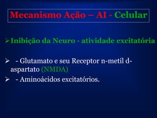 Mecanismo Ação – AI - Celular

Inibição da Neuro - atividade excitatória

 - Glutamato e seu Receptor n-metil d-
 aspartato (NMDA)
 - Aminoácidos excitatórios.
 