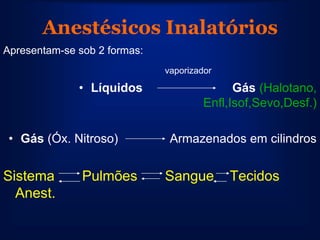 Anestésicos Inalatórios
Apresentam-se sob 2 formas:
                              vaporizador

              • Líquidos                     Gás (Halotano,
                                       Enfl,Isof,Sevo,Desf.)

 • Gás (Óx. Nitroso)           Armazenados em cilindros


Sistema        Pulmões        Sangue        Tecidos
  Anest.
 