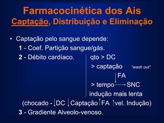 Farmacocinética dos Ais
Captação, Distribuição e Eliminação

• Captação pelo sangue depende:
   1 - Coef. Partição sangue/gás.
   2 - Débito cardíaco.      qto > DC
                             > captação “wash out”
                                      FA
                             > tempo     SNC
                            indução mais lenta
    (chocado - DC Captação FA vel. Indução)
   3 - Gradiente Alveolo-venoso.
 