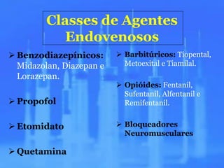 Classes de Agentes
            Endovenosos
 Benzodiazepínicos:       Barbitúricos: Tiopental,
  Midazolan, Diazepan e     Metoexital e Tiamilal.
  Lorazepan.
                           Opióides: Fentanil,
                            Sufentanil, Alfentanil e
 Propofol                  Remifentanil.


 Etomidato                Bloqueadores
                            Neuromusculares

 Quetamina
 