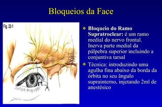 Bloqueios da Face
❖ Bloqueio do Ramo
Supratroclear: é um ramo
medial do nervo frontal.
Inerva parte medial da
pálpebra superior incluindo a
conjuntiva tarsal
❖ Técnica: introduzindo uma
agulha fina abaixo da borda da
órbita no seu ângulo
suprainterno, injetando 2ml de
anestésico
 