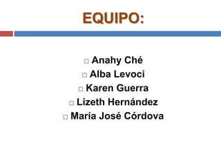 EQUIPO:
 Anahy Ché
 Alba Levoci
 Karen Guerra
 Lizeth Hernández
 María José Córdova
 