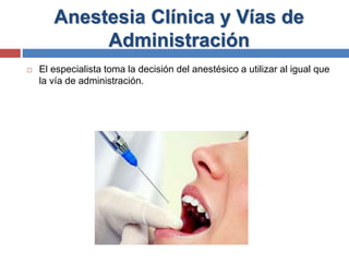 Anestesia Clínica y Vías de
Administración
 El especialista toma la decisión del anestésico a utilizar al igual que
la vía de administración.
 