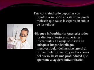 Esta contraindicado depositar con rapidez la solución en esta zona, por la molestia que causa la expansión súbita de los tejidos. -Bloqueo infraorbitario: Anestesia todos los dientes anteriores superiores ipsolaterales. La aguja se inserta en culaquier luagar del pliegue mucovestibular del incisivo lateral al primer molar primario, y se lleva cerca del hueso, hasta una profundidad que aporxime al agujero infraorbitario. 