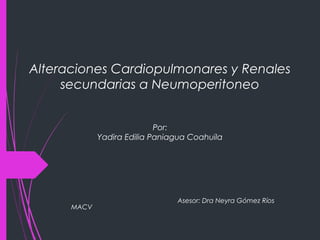 Alteraciones Cardiopulmonares y Renales
secundarias a Neumoperitoneo
Por:
Yadira Edilia Paniagua Coahuila
Asesor: Dra Neyra Gómez Ríos
MACV
 