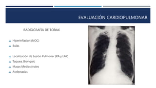 EVALUACIÓN CARDIOPULMONAR 
RADIOGRAFIA DE TORAX 
 Hiperinflación (NOC) 
 Bulas 
 Localización de Lesión Pulmonar (PA y LAP) 
 Taquea, Bronquio 
 Masas Mediastinales 
 Atelectasias 
 