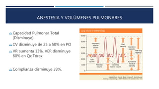 ANESTESIA Y VOLÚMENES PULMONARES 
Capacidad Pulmonar Total 
(Disminuye) 
CV disminuye de 25 a 50% en PO 
VR aumenta 13%, VER disminuye 
60% en Qx Tórax 
Complianza disminuye 33%. 
 