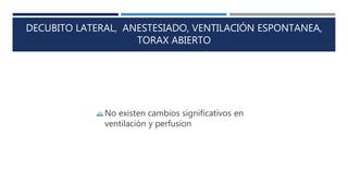 DECUBITO LATERAL, ANESTESIADO, VENTILACIÓN ESPONTANEA, 
TORAX ABIERTO 
No existen cambios significativos en 
ventilación y perfusion 
 