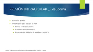 PRESIÓN INTRAOCULAR _ Glaucoma
 Aumento de PIO
 Tratamiento para reducir la PIO
 Timolol ( beta bloqueador)
 Ecotiofato (anticolinesterasa)
 Acetazolamida (Inhibidor de anhidrasa carbónica)
C. Vacanti, et. al; ESSENTIAL CLINICAL ANESTHESIA; Cambridge University Press 2011, 1st edition
 