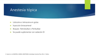 Anestesia tópica
 Lidocaína o tetracaina en gotas
 Inyección Intracameral
 Boqueo Retrobulbar o Peribulbar
 Se puede suplementar con sedación IV
C. Vacanti, et. al; ESSENTIAL CLINICAL ANESTHESIA; Cambridge University Press 2011, 1st edition
 
