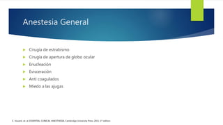 Anestesia General
 Cirugía de estrabismo
 Cirugía de apertura de globo ocular
 Enucleación
 Evisceración
 Anti coagulados
 Miedo a las ajugas
C. Vacanti, et. al; ESSENTIAL CLINICAL ANESTHESIA; Cambridge University Press 2011, 1st edition
 