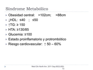 Síndrome Metabólico
   Obesidad central: >102cm; >88cm
   ↓HDL: ≤40 ; ≤50
   ↑TG: ≥ 150
   HTA: ≥130/85
   Glucemia: ≥100
   Estado proinflamatorio y protrombótico
   Riesgo cardiovascular: ↑ 50 – 60%




                   Med Clin North Am. 2011 Sep;95(5):855-
                                                       73
 