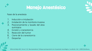 Fases de la anestesia
1. Inducción e intubación
2. Instalación de la monitoria invasiva
3. Posicionamiento y lavado del área
quirúrgica
4. Incisión y craneotomía
5. Resección del tumor
6. Cierre de la craneotomía
7. Despertar
Manejo Anestésico
Niño de Mejia MC, Ferrer Z LE. Neuroanestesia. Enfoque perioperatorio en el paciente neurológico. 1a edición. Vol. 1 2005.Distribuna.
 