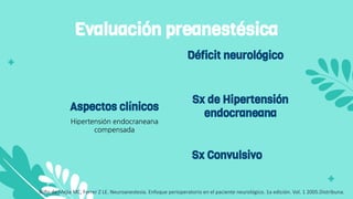 Hipertensión endocraneana
compensada
Aspectos clínicos
Evaluación preanestésica
Déficit neurológico
Sx de Hipertensión
endocraneana
Sx Convulsivo
Niño de Mejia MC, Ferrer Z LE. Neuroanestesia. Enfoque perioperatorio en el paciente neurológico. 1a edición. Vol. 1 2005.Distribuna.
 