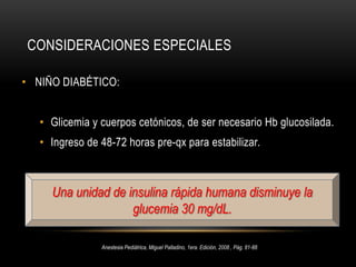 EntrevistaPreanestésicaCorrecta evaluación del paciente quirúrgico previo a la cirugía, desde el punto de vista:Clínico.Parámetros de laboratorio.Psicológico.Fin principal:Preparación al acto quirúrgico, prevención de las posibles complicaciones o dificultades que se presenten durante la aplicación de la anestesia.Anestesia Pediátrica, Miguel Palladino, 1era. Edición, 2008 , Pág. 81-88 