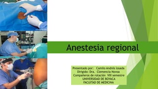Presentado por: Camilo Andrés losada
Dirigido: Dra. Clemencia Novoa
Compañeros de rotación VIII semestre
UNIVERSIDAD DE BOYACA
FACUlTAD DE MEDICINA
Anestesia regional
 