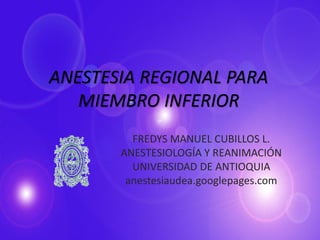 ANESTESIA REGIONAL PARA
   MIEMBRO INFERIOR
         FREDYS MANUEL CUBILLOS L.
       ANESTESIOLOGÍA Y REANIMACIÓN
         UNIVERSIDAD DE ANTIOQUIA
        anestesiaudea.googlepages.com
 