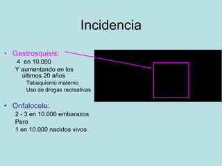 Incidencia Gastrosquisis: 4  en 10.000  Y aumentando en los últimos 20 años Tabaquismo materno Uso de drogas recreativas Onfalocele: 2 - 3 en 10.000 embarazos Pero  1 en 10.000 nacidos vivos 