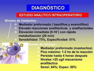 DIAGNÓSTICO
ESTUDIO ANALÍTICO INTRAOPERATORIO
Niveles de histamina :
 Mediador preformado ( basófilos y eosinófilos)
 Elevado reacciones anafilácticas y anafilactoides
 Elevación inmediata (5-10´) con rápida
metabolización (20 min)
 Sensibilidad: 75%, Especificidad: 51%
Niveles de triptasa :
 Mediador preformado (mastocitos)
 Pico máximo: 1-2 hs de la reacción
 Persiste hasta 4 horas después
 Niveles >25 ug/l mecanismo
anafiláctico
 Sensi: 64%; Espec: 89%
 
