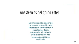 Anestésicos del grupo éster
33
La intoxicación depende
de la concentración, del
anestésico administrado
circulante, dosis
empleada, el sitio de
administración y la
técnica anestésica
realizada
 