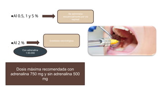 Con adrenalina
1:50.000
●Al 0.5, 1 y 5 %
●Al 2 %
Dosis máxima recomendada con
adrenalina 750 mg y sin adrenalina 500
mg
Se administra
secuencialmente por vía
espinal
Anestesia odontológica
 