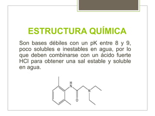 ESTRUCTURA QUÍMICA
Son bases débiles con un pK entre 8 y 9,
poco solubles e inestables en agua, por lo
que deben combinarse con un ácido fuerte
HCl para obtener una sal estable y soluble
en agua.
 