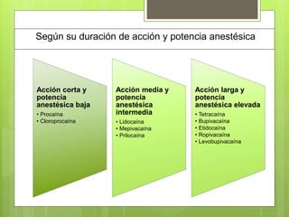 Según su duración de acción y potencia anestésica
Acción corta y
potencia
anestésica baja
• Procaína
• Cloroprocaína
Acción media y
potencia
anestésica
intermedia
• Lidocaína
• Mepivacaína
• Prilocaína
Acción larga y
potencia
anestésica elevada
• Tetracaína
• Bupivacaína
• Etidocaína
• Ropivacaína
• Levobupivacaína
 