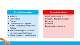 Reacciones adversas
• Sedación
• Somnolencia
• Psicosis
• Disminución de la agudeza
mental y coordinación muscular
• Cefalea
• Reacciones alérgicas cutáneas
• Irregularidades menstruales
• Alteraciones de la función sexual
Contraindicaciones
• Insuficiencia hepática
• Glaucoma de ángulo estrecho
• Embarazo
• Lactancia
• Insuficiencia respiratoria
 